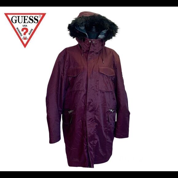 GUESS maroon burgundy faux fur trim hooded fall winter coat Sz L - Picture 1 of 16